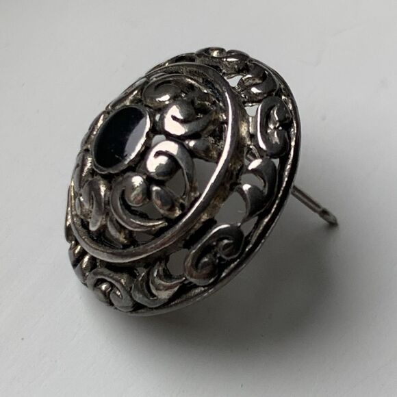 Vintage Domed Button Earrings – Silver Tone Scrollwork with Black Cabochon - Picture 4 of 7